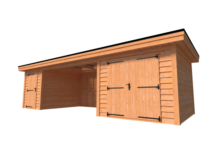 Tuinhuis duo met veranda plat dak 300 x 300 + 400 + 200 x 300cm met zonnepanelen