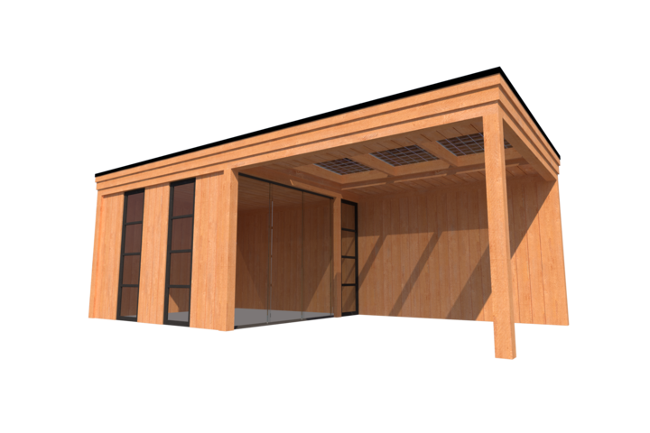 Buitenkamer met veranda plat dak 350 x 350 + 350cm met zonnepanelen