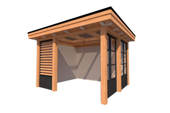 Houten veranda plat dak 350 x 300cm met zonnepanelen